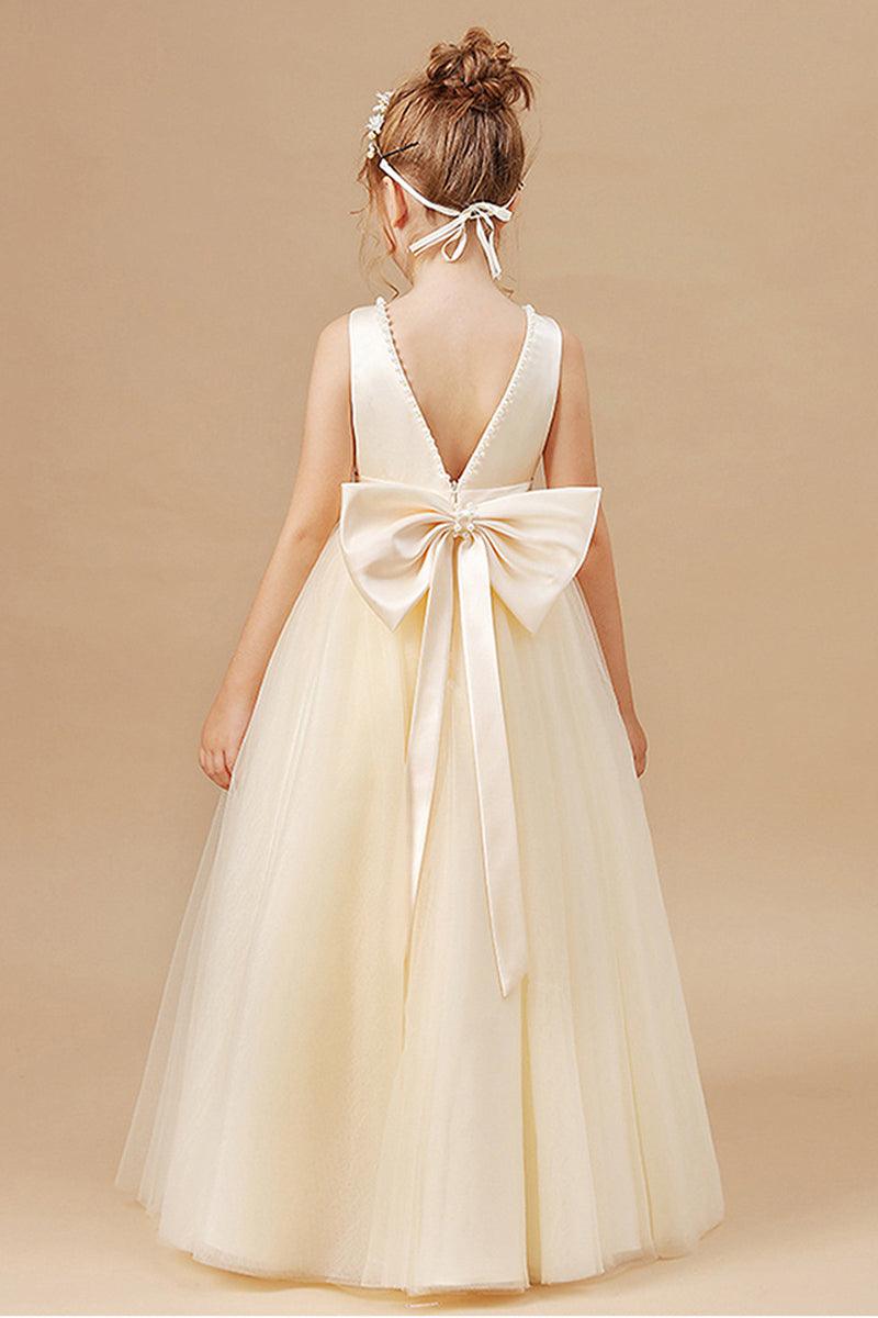 A-Line Scoop Neck Satin/Tulle Flower Girl Dresses With Bow(s)/Beading 752041855392 - COCOMELODY