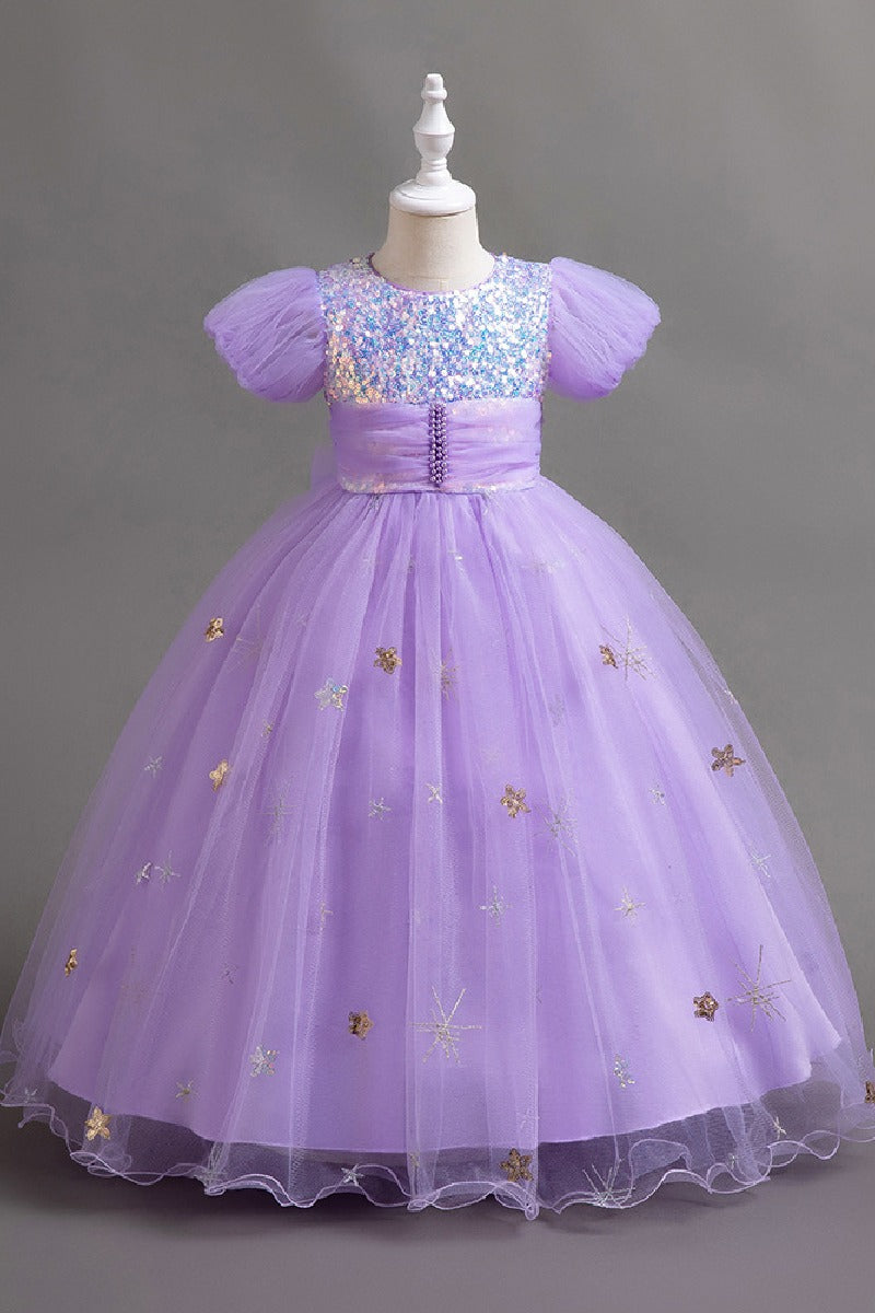 A-Line Puff Sequin Bodice Tulle Floor Length Flower Girl Dresses 1030166757902