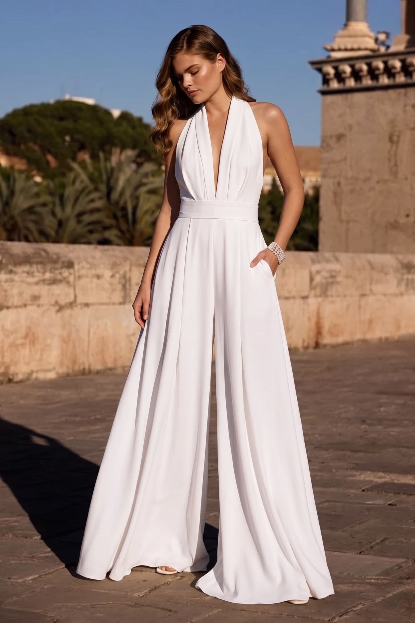 Halter Floor Length Chiffon Wedding Jumpsuit 591554938337