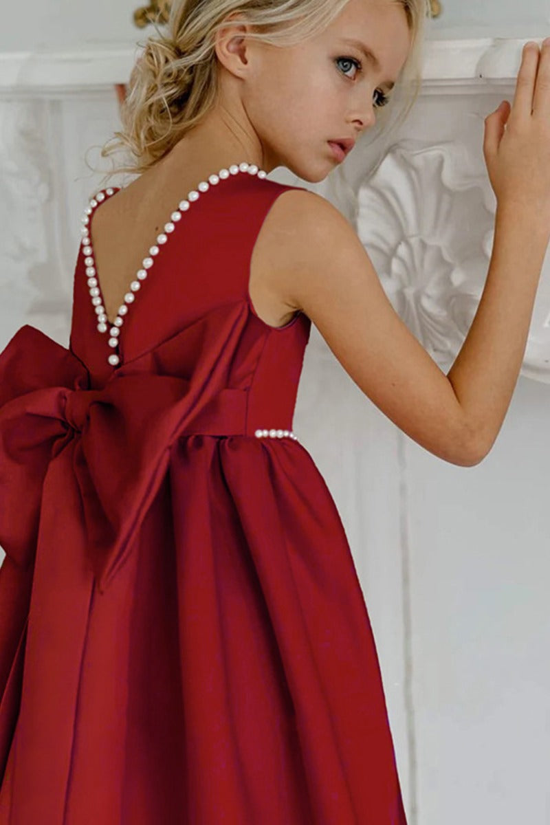 Satin Pearl Trim Deep V-Back Bow Floor Length Flower Girl Dresses 912220986900
