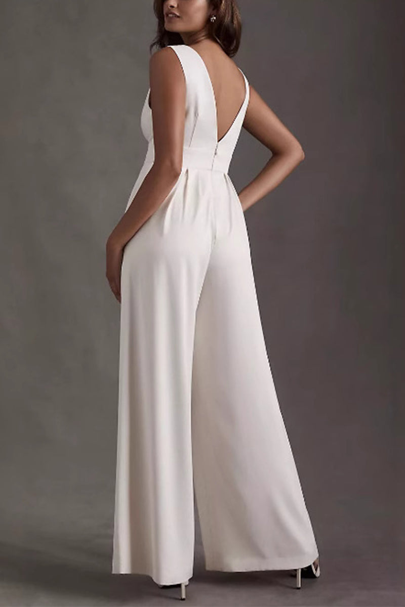 V-Neck Floor Length Chiffon Wedding Jumpsuit 916220687859