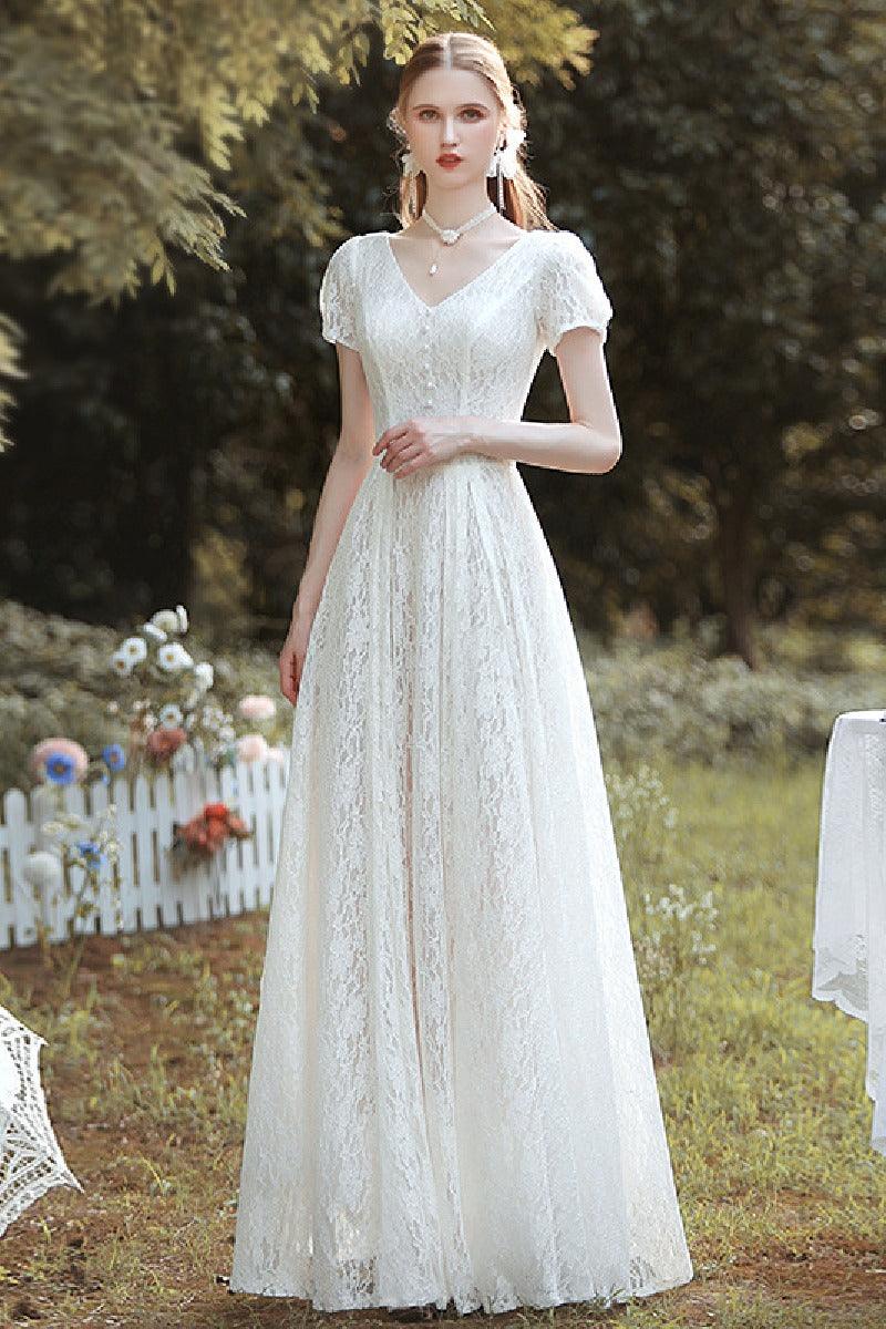 A-Line Floor Length Lace Wedding Dress 660344408093 - COCOMELODY