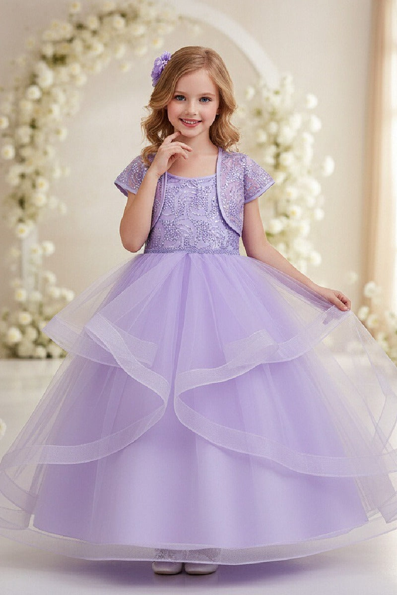 Two-Piece Sequin Lace Short Sleeve Bolero Jacket With Spaghetti Strap Tulle Floor-Length Flower Girl Dresses 1030169357466