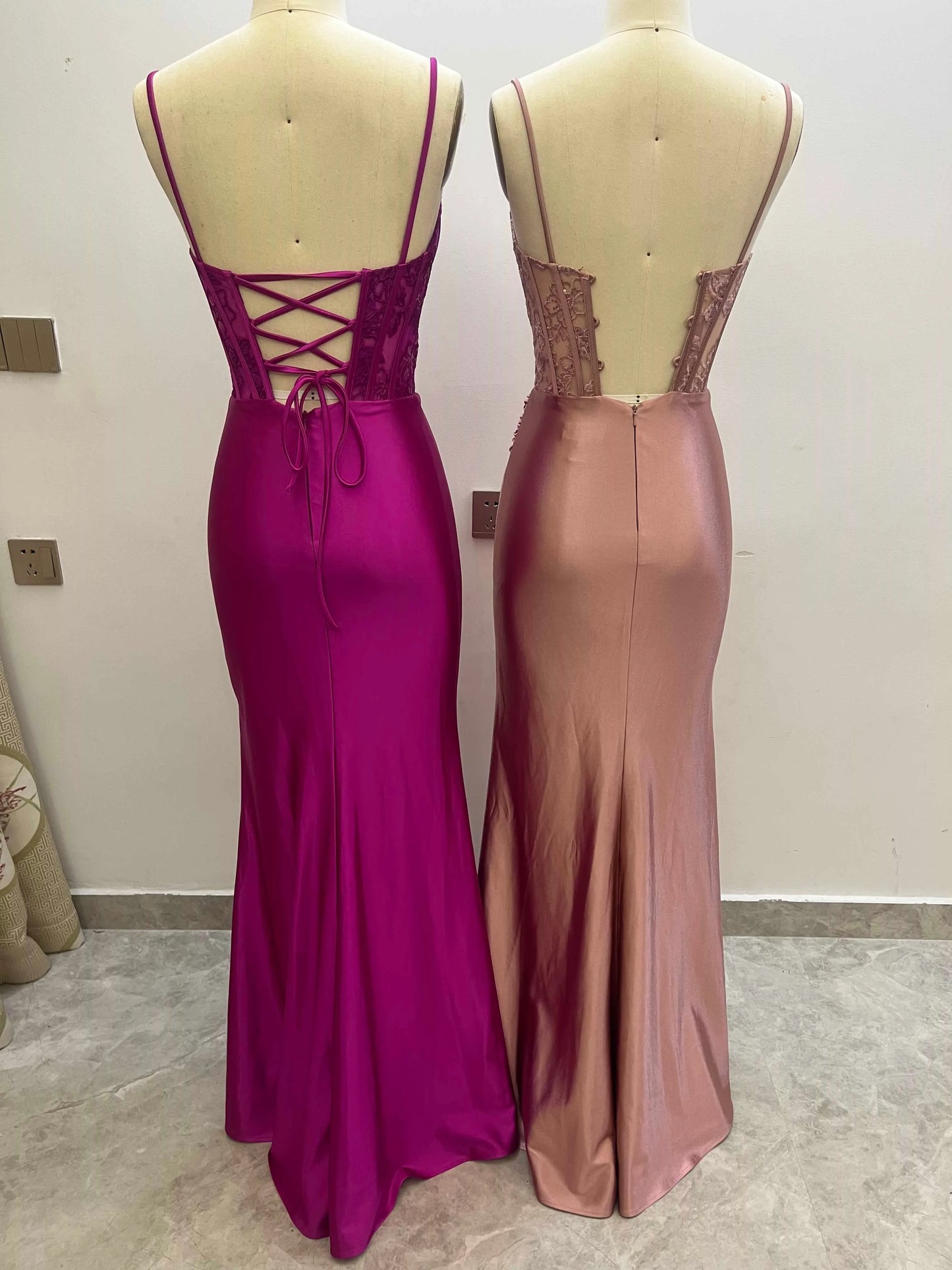 Spaghetti Straps V Neck Applique Stretch Satin Prom Dresses CS0917
