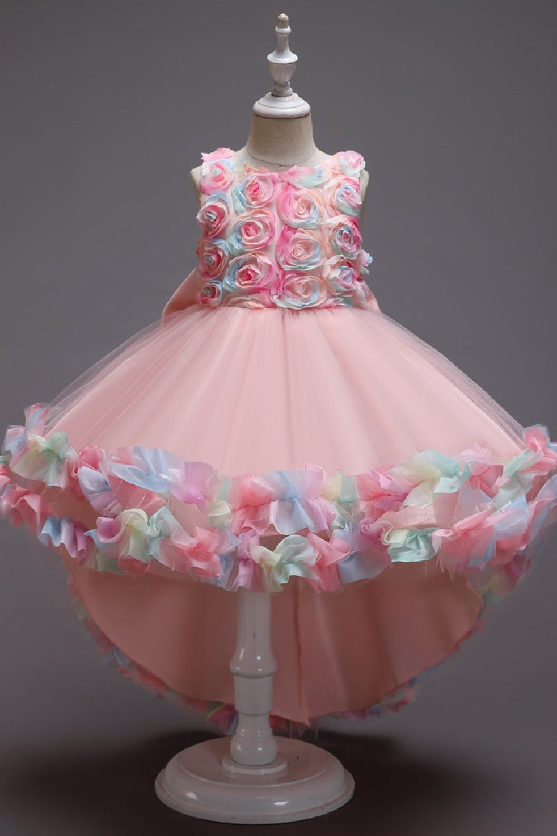 High-Low Sleeveless Tulle Rainbow Ruffle Hem Flower Girl Dresses 1029257838364