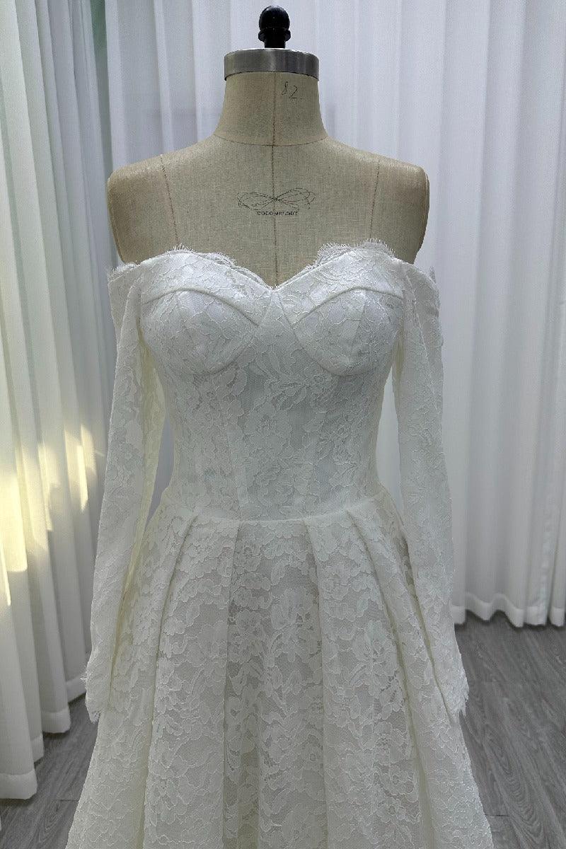A-Line Sweep-Brush Train Lace Wedding Dress 843985458463 - COCOMELODY
