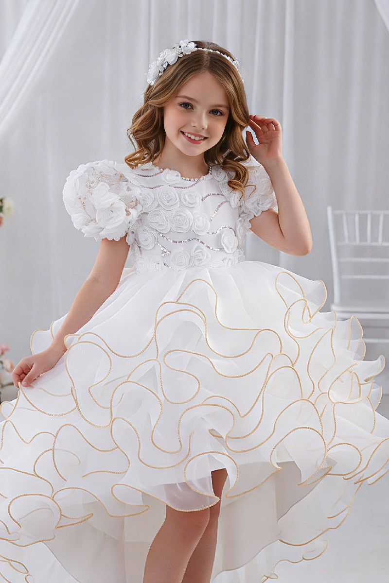 Princess Pearl Round Neck Short Puff Bubble Sleeve Ruffled Hi-Low Tulle Flower Girl Dresses 1030620832344