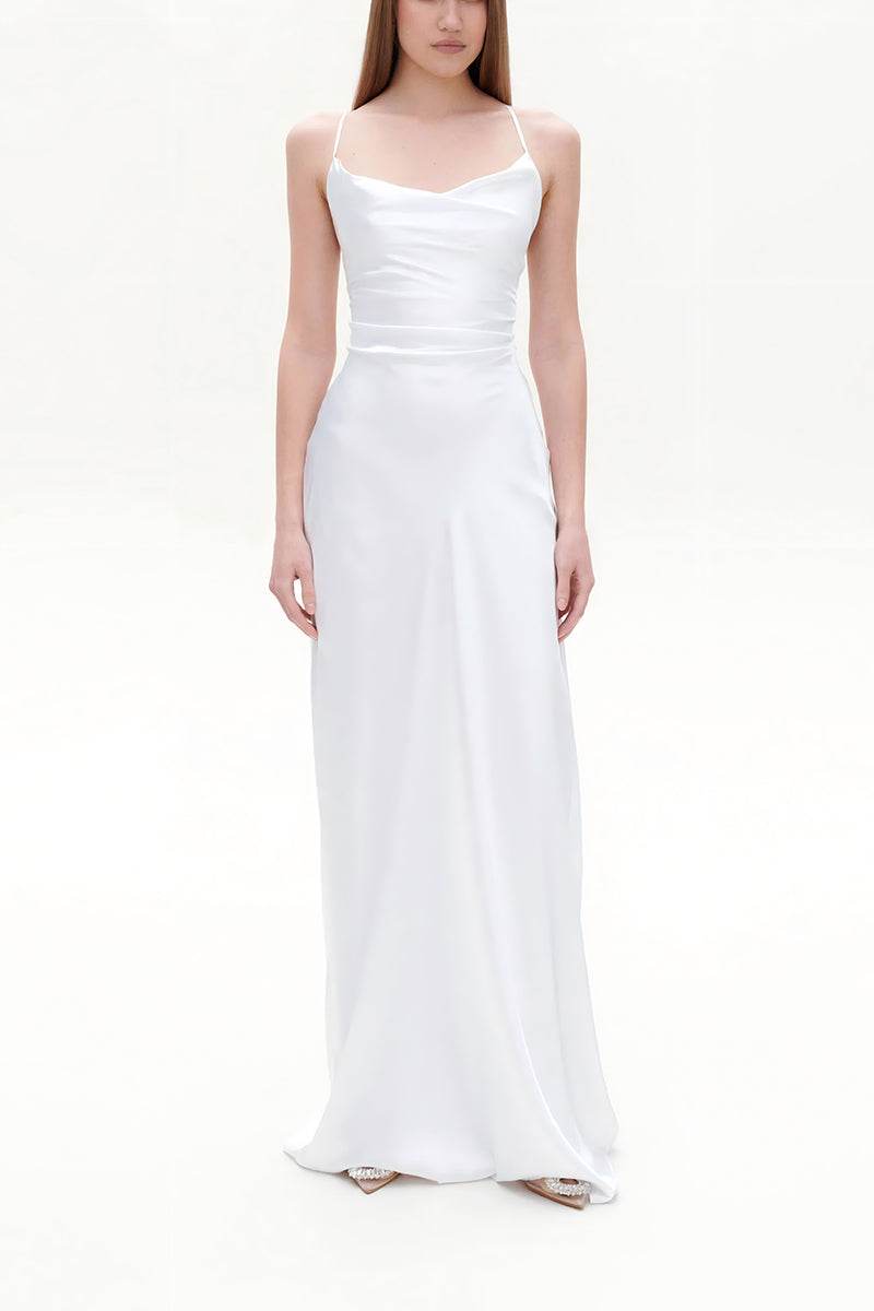 Sheath-Column Sweep-Brush Train Silk-Like Little White Dress 100044 - COCOMELODY