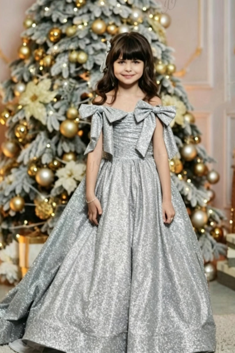 A-Line Off-Shoulder Glitter Satin Bow Shoulder Flower Girl Dresses 692491041797