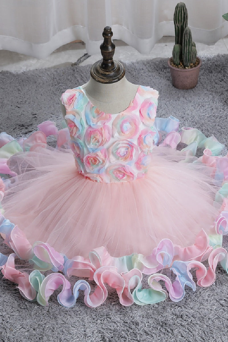 Short A-Line Sleeveless Round Neck Rainbow Ruffled Hem Tulle Knee Length Flower Girl Dresses 1029089635642