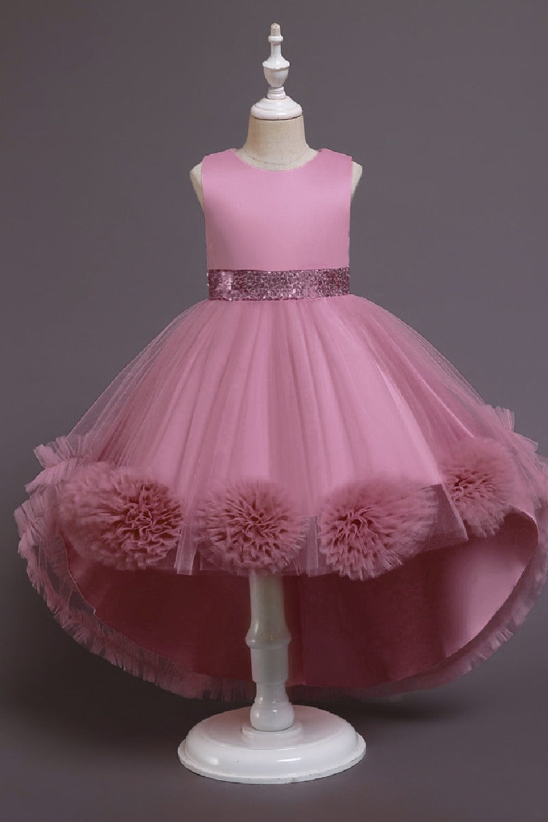 Princess Scoop Neck Sleeveless Hi-Low Tulle Pom Poms Flower Girl Dresses 1029780202104