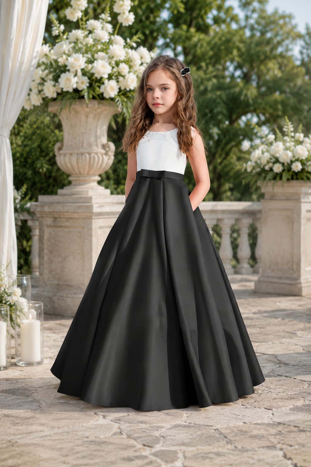 Flower Girl Dresses Satin V-Back Bow Straps Floor Length Wedding Gown 1058875849330