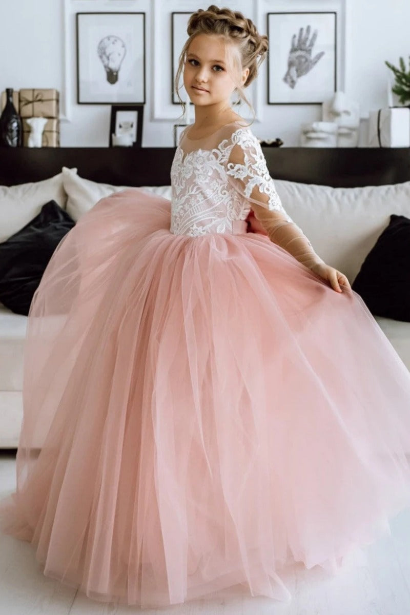 Ball Gown Illusion Long Sleeve Lace Flower Girl Dresses 901515341064