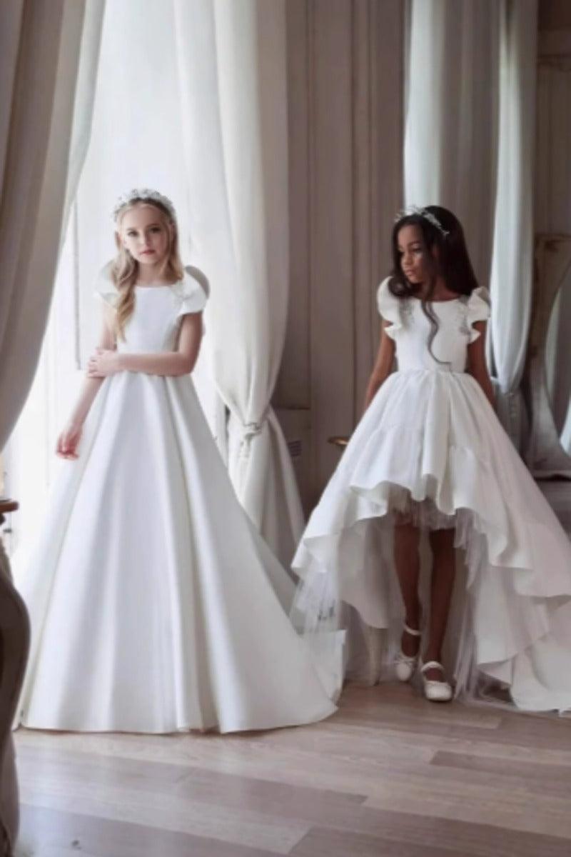 Classic Flutter Cap Sleeve Plain Satin Flower Girl Dresses 937002922707 - 15 Days / White-Floor Length / 2 - COCOMELODY