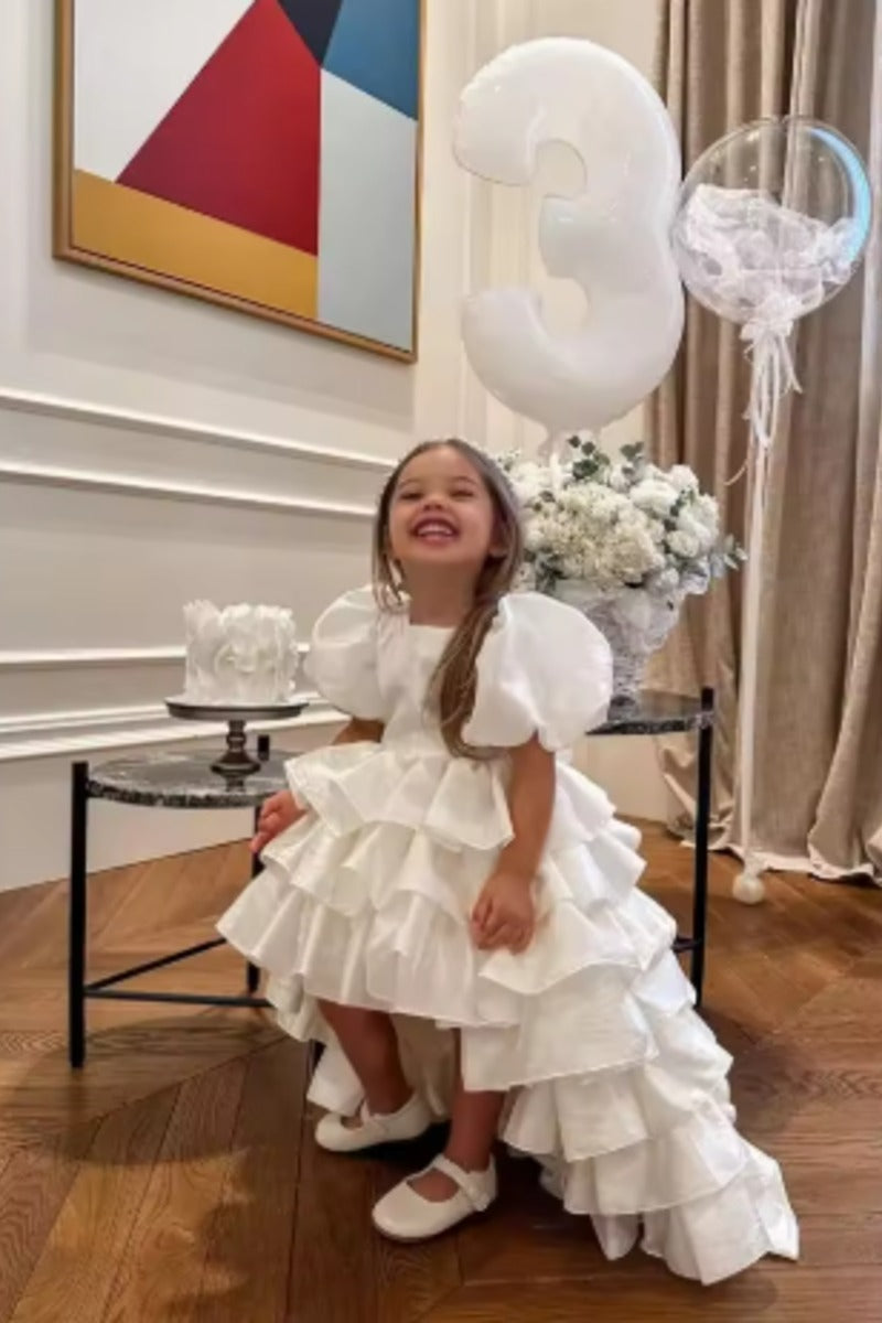 Romantic High-Low Train Tiered Ruffles Back Bow Flower Girl Dresses 950388949190