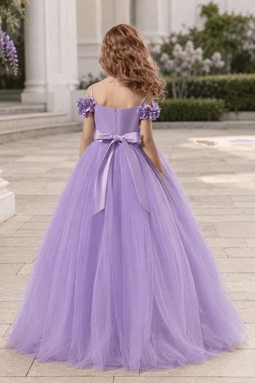 Elegant Floral Shoulder Ruched Bodice Tulle Flower Girl Dresses 890443747250 - 7 Days / Purple / 130cm - COCOMELODY