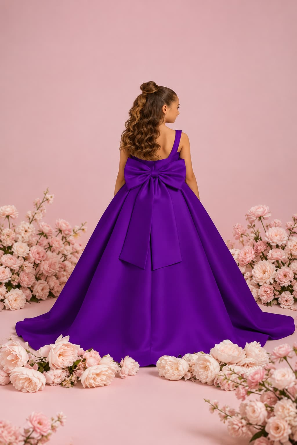 Satin V-Back Large Bow Sweep-Brush Train Wedding Gown Flower Girl Dresses 1057873354822