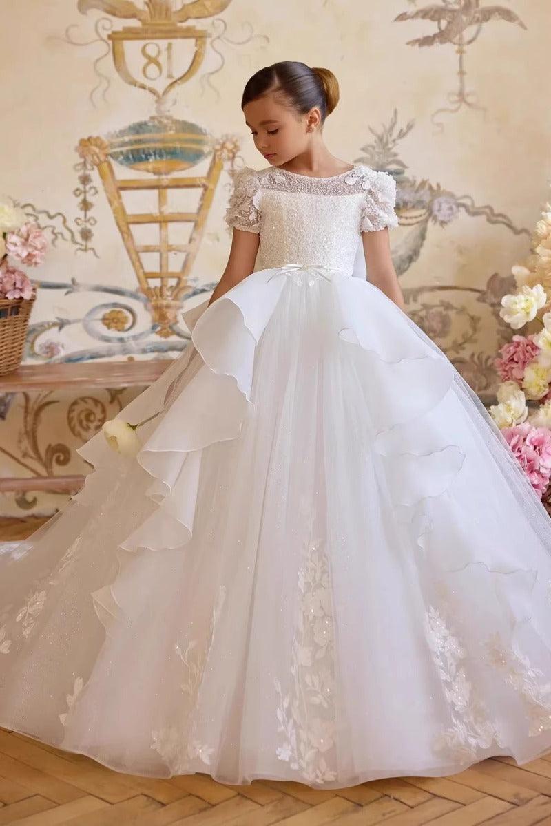 Ball Gown Sweep-Brush Train Ruffle Tulle Flower Girl Dresses 1030415759128 - 10 Days / White / 2 - COCOMELODY