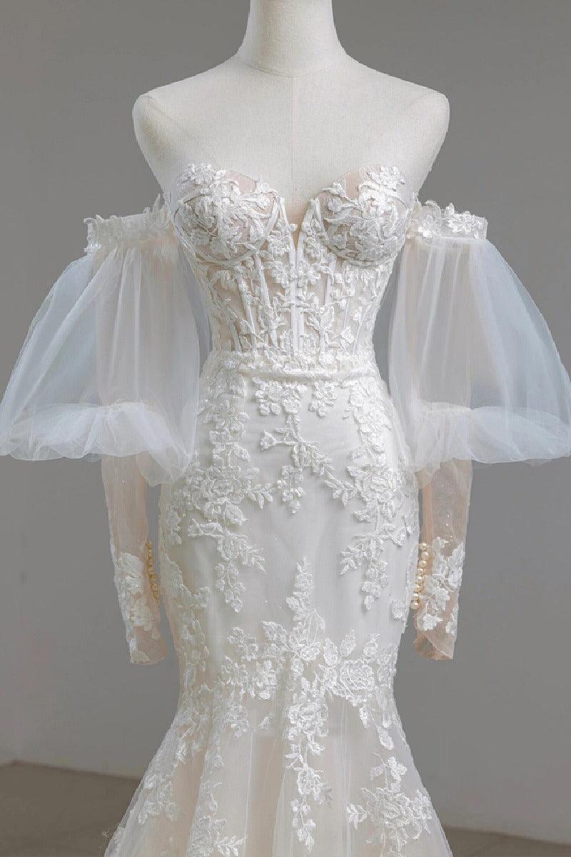 Trumpet-Mermaid Sweep-Brush Train Lace Tulle Wedding Dress795300012049 - COCOMELODY