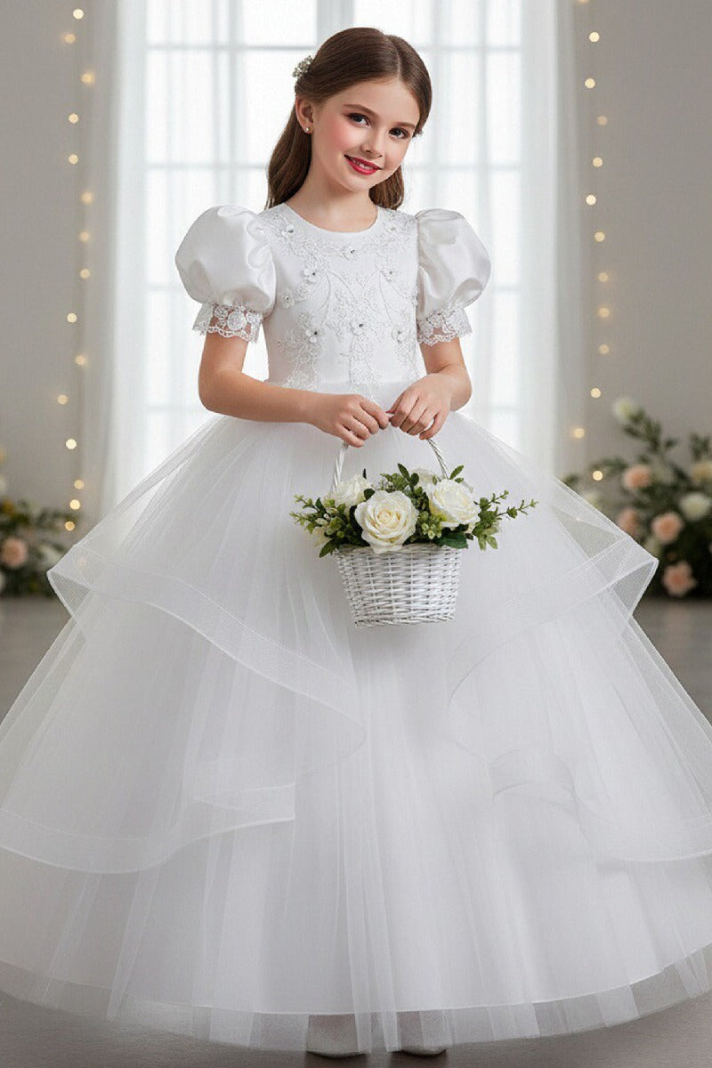 A-Line Round Neck Puff Short Sleeve Ruffled Tulle Floor-Length Flower Girl Dresses 1048500986721