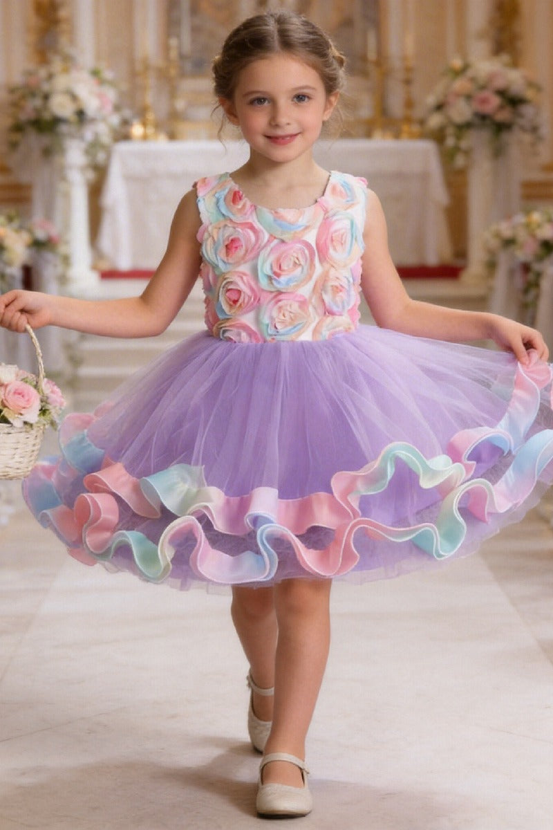 Short A-Line Sleeveless Round Neck Rainbow Ruffled Hem Tulle Knee Length Flower Girl Dresses 1029089635642