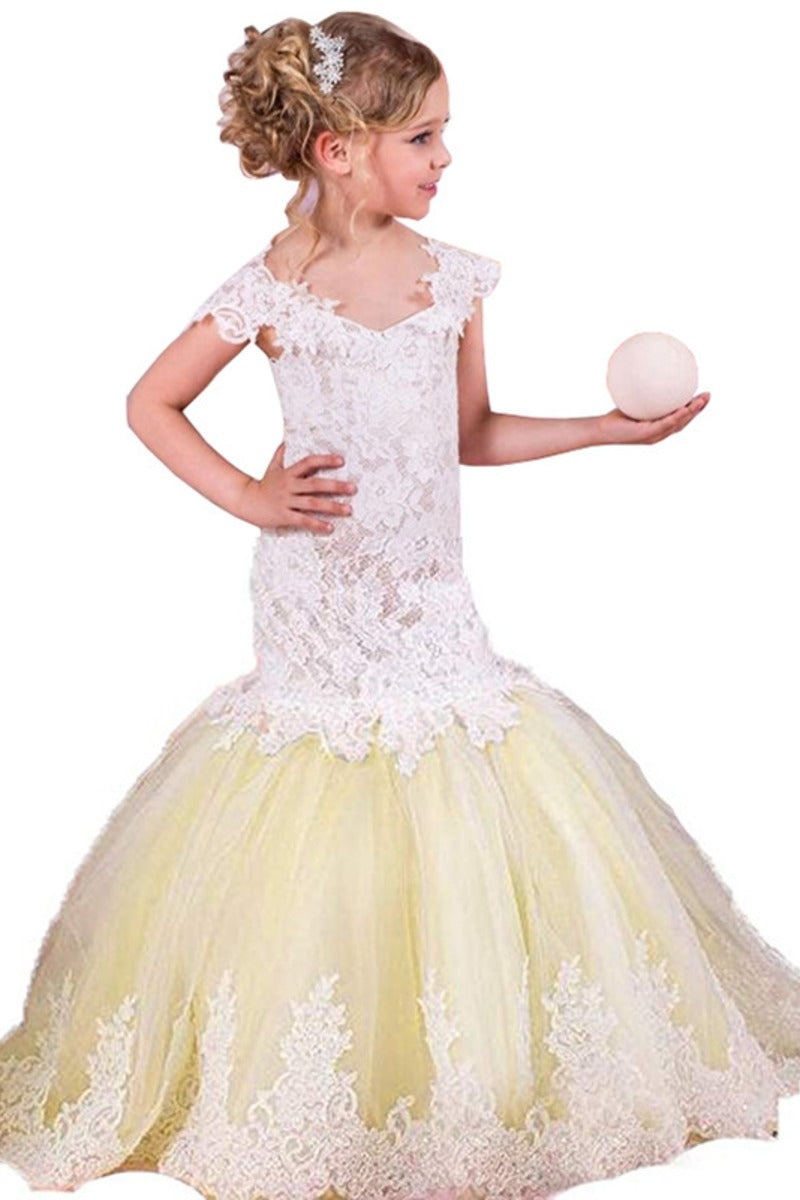 Lace Mermaid Trumpet V-Neck Tulle Flower Girl Dresses 618222534813