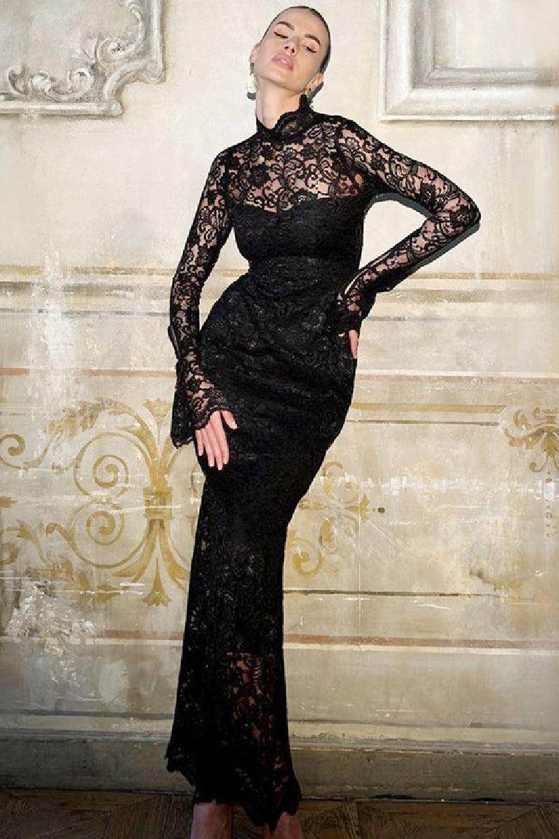 Lace patchwork slim long sleeved cocktail dress 769178582453 - COCOMELODY
