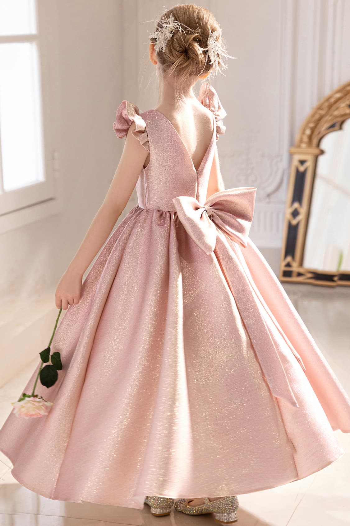 Glitter Fabric Gown Ruffle Sleeves Bow Floor Length Flower Girl Dresses 916560252784