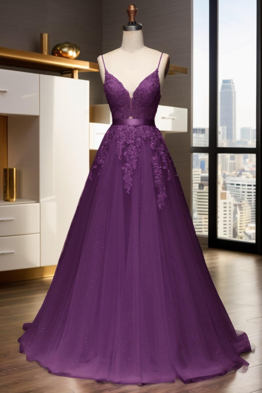 A-Line Sweep-Brush Train Tulle Prom Dress CS0464 - COCOMELODY