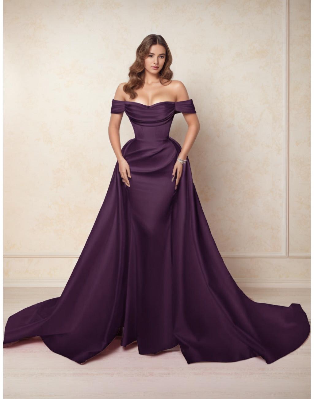 A-Line Chapel Train Satin Prom Dress CS0416 - COCOMELODY