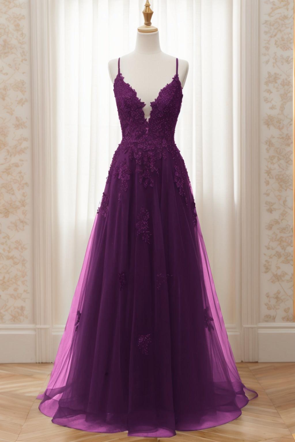 A-Line Sweep-Brush Train Tulle Prom Dress CS0463 - COCOMELODY
