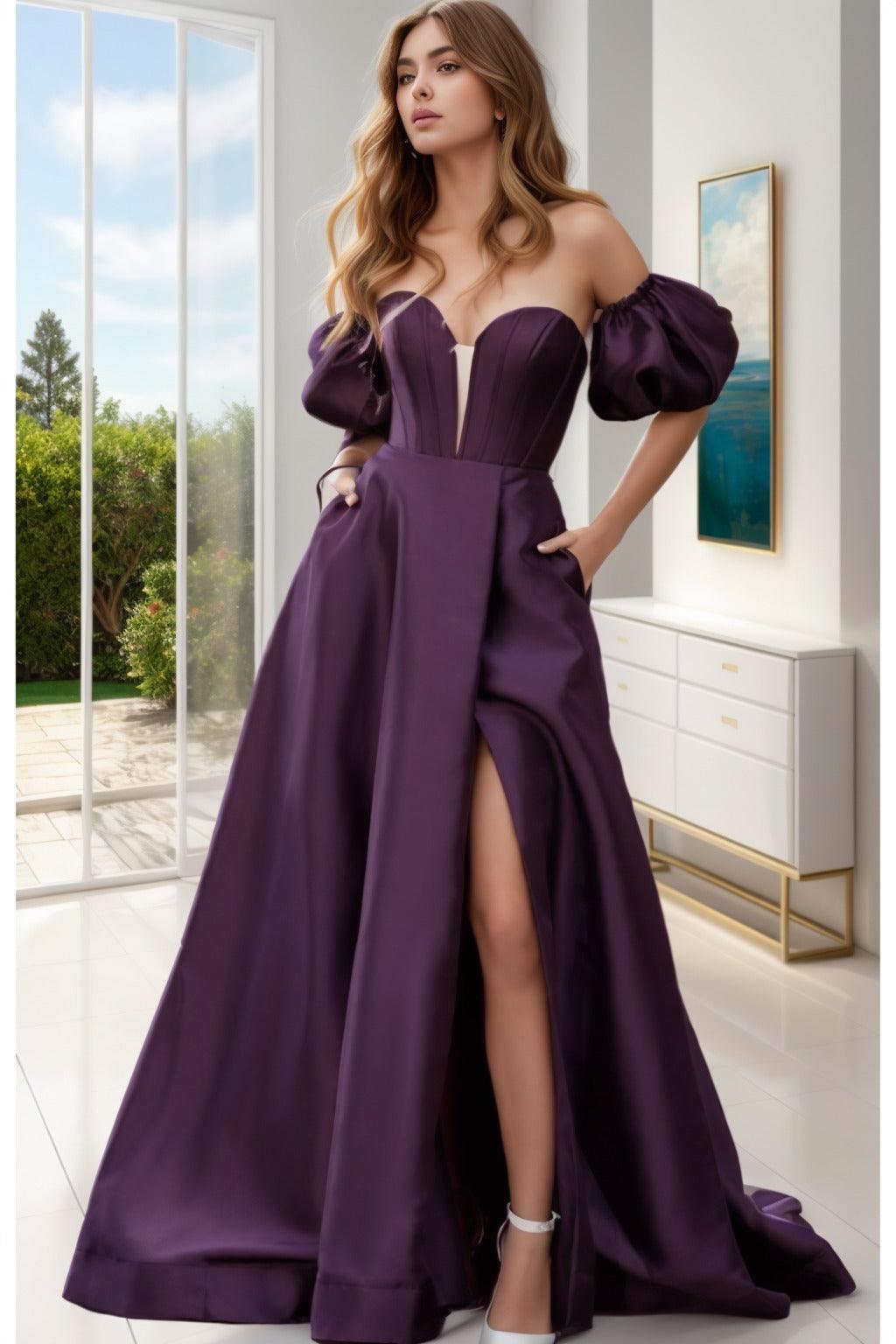 A-Line Sweep-Brush Train Satin Prom Dress CS0448 - COCOMELODY