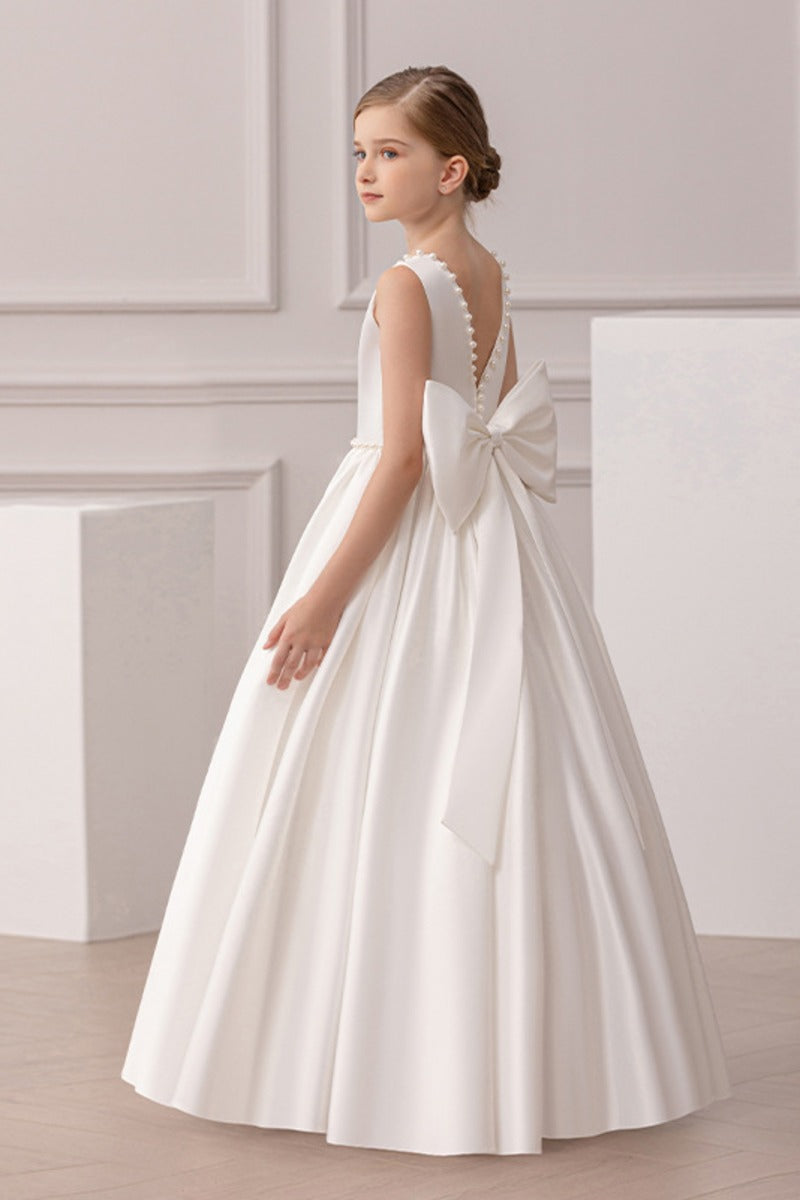 Satin Pearl Trim Deep V-Back Bow Floor Length Flower Girl Dresses 912220986900