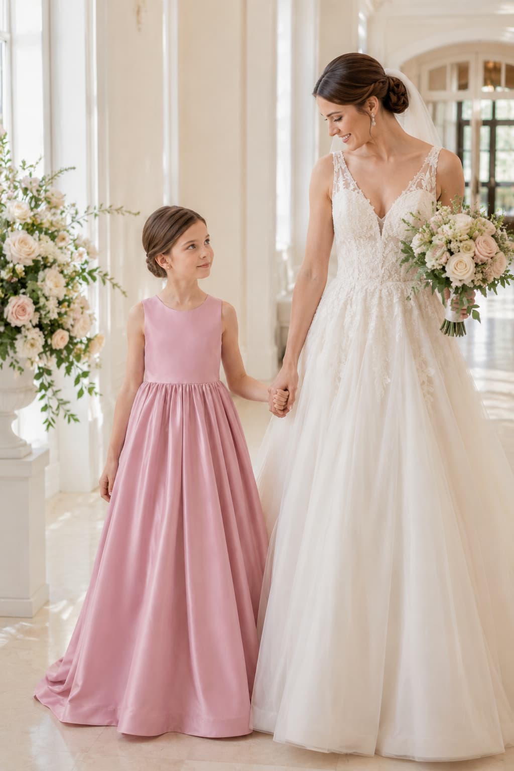 Elegant Satin V-Back Bow Sweep-Brush Train Flower Girl Dresses 985833041393
