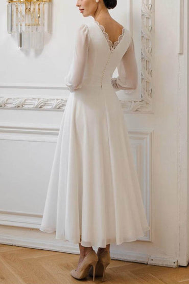 A-Line Tea Length Lace Chiffon Little White Dress 100041 - COCOMELODY