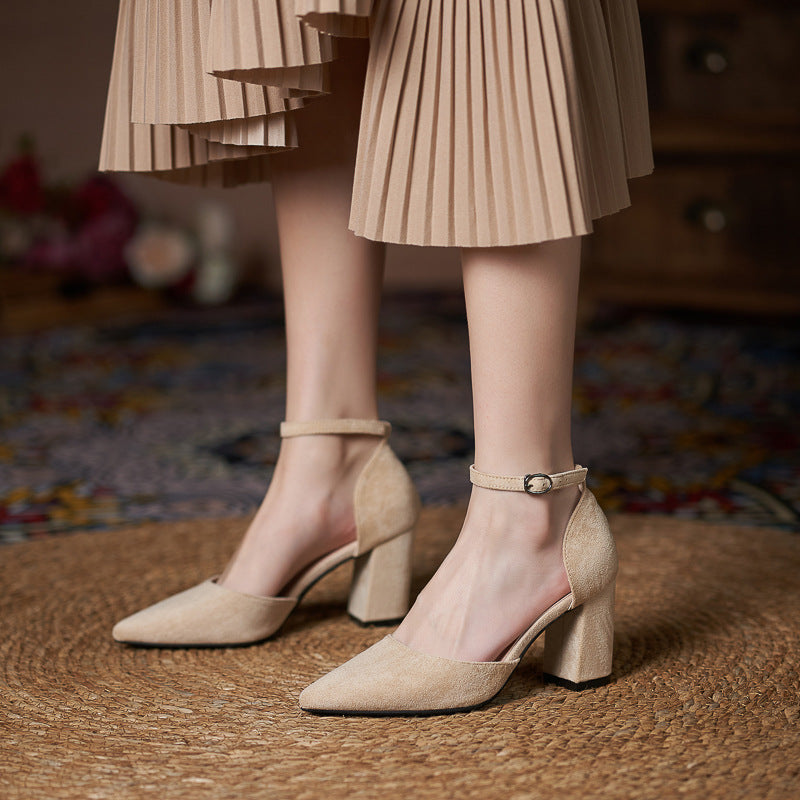 Suede Pointed Toe Block Heel Pumps Ankle Strap Elegant Shoes 695304002209