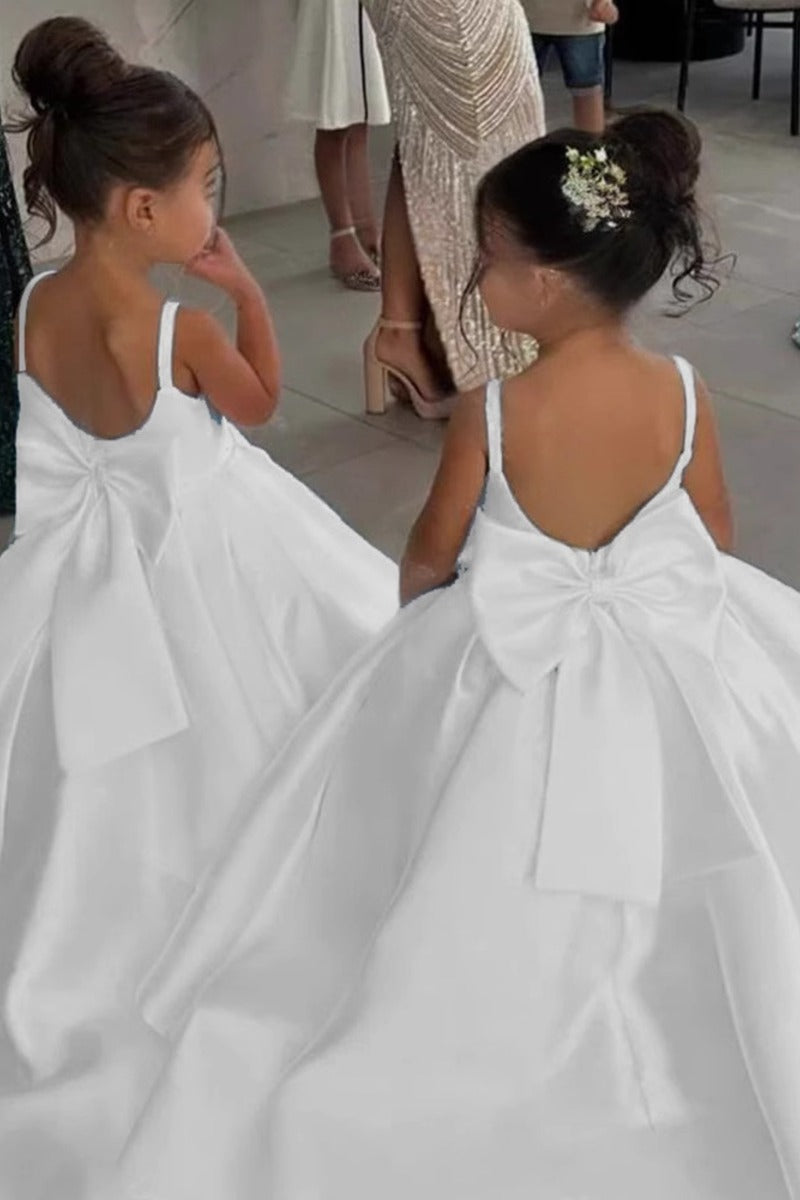Elegant Satin Spaghetti Straps Back Big Bow Flower Girl Dresses 943918273899