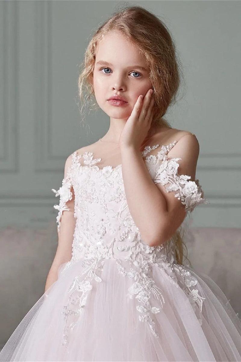 A-Line Illusion Neck Off The Shoulder Sleeves  Tulle Maxi Flower Girl Dresses 827500964252