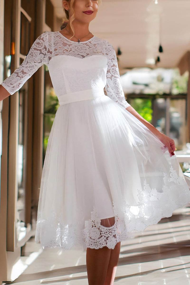 A-Line Tea Length Lace Tulle Little White Dress 100014 - COCOMELODY