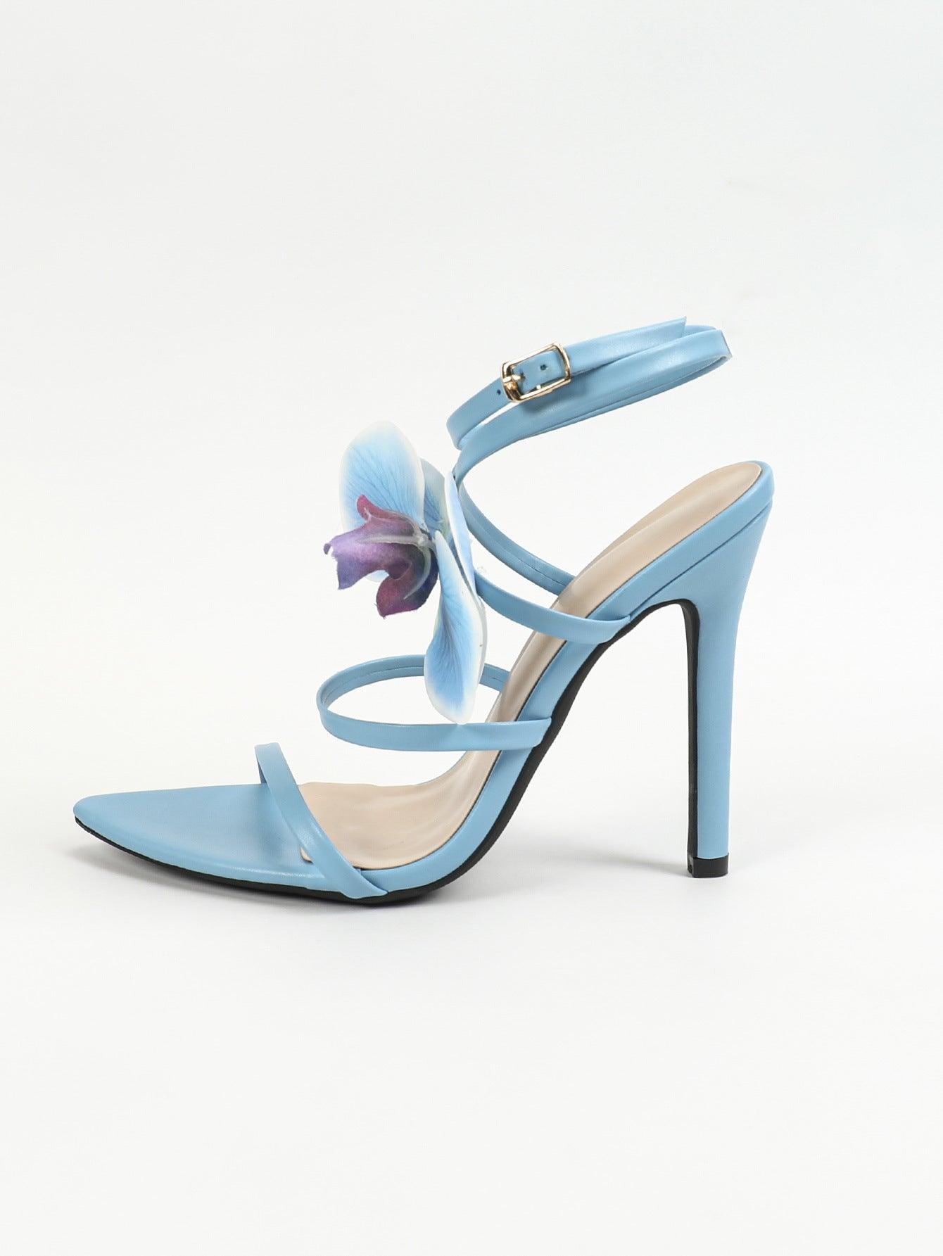 3D Flowers Cross Pointy Stiletto heel Sandals 816637125592 - COCOMELODY
