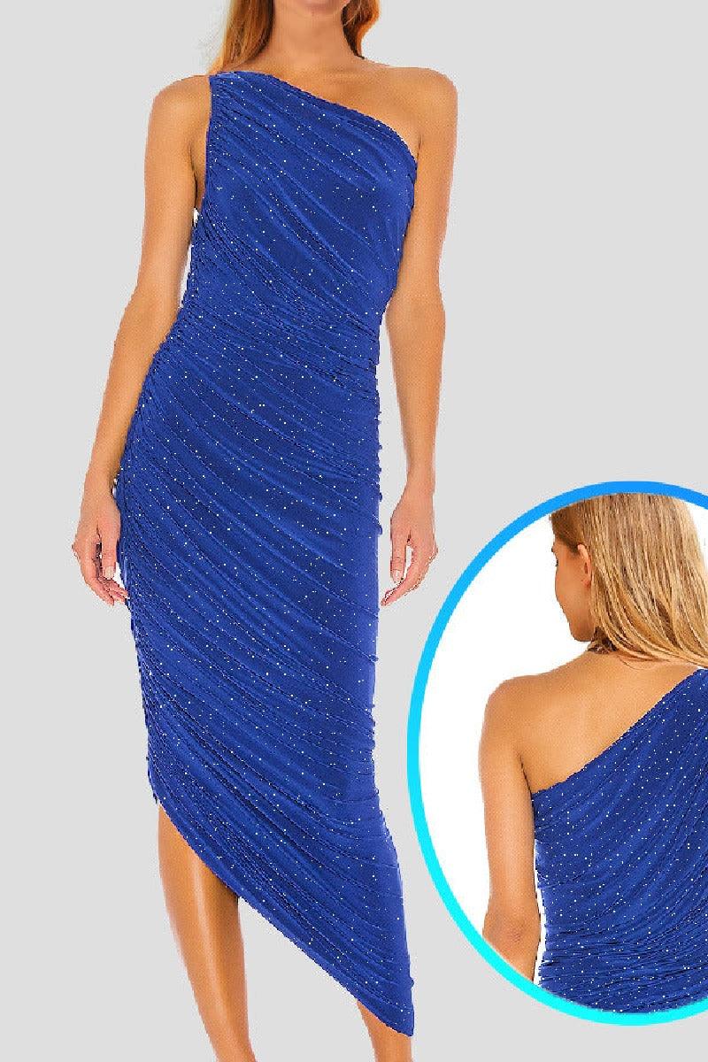 Silver wire pleated oblique shoulder cocktail dress 752479154321 - COCOMELODY