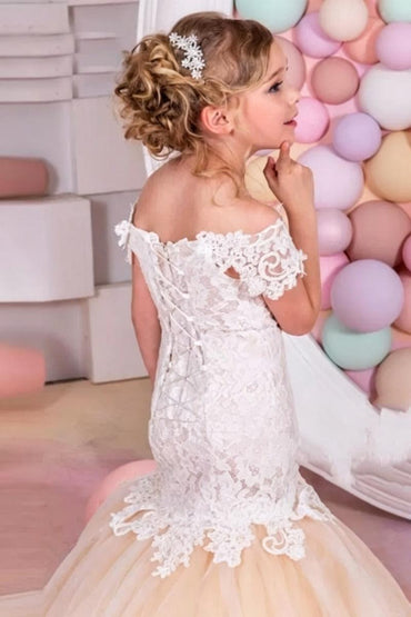 Lace Mermaid Trumpet V-Neck Tulle Flower Girl Dresses 618222534813 - 7 Days / Champagne / 2 - COCOMELODY