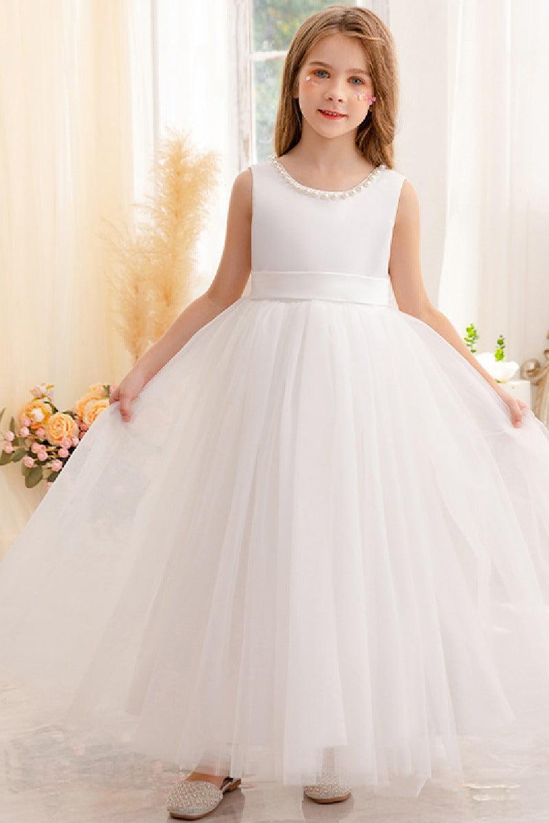 A-Line Scoop Neck Satin/Tulle Flower Girl Dresses With Bow(s)/Beading 752041855392 - COCOMELODY