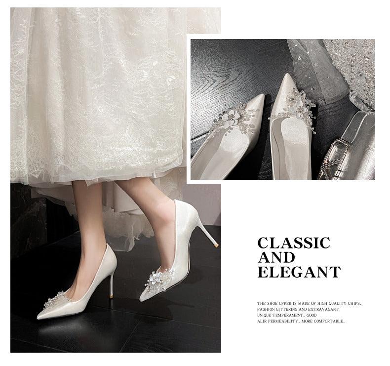 White Satin Crystal Pointy Stiletto Heels 799105157591 - COCOMELODY