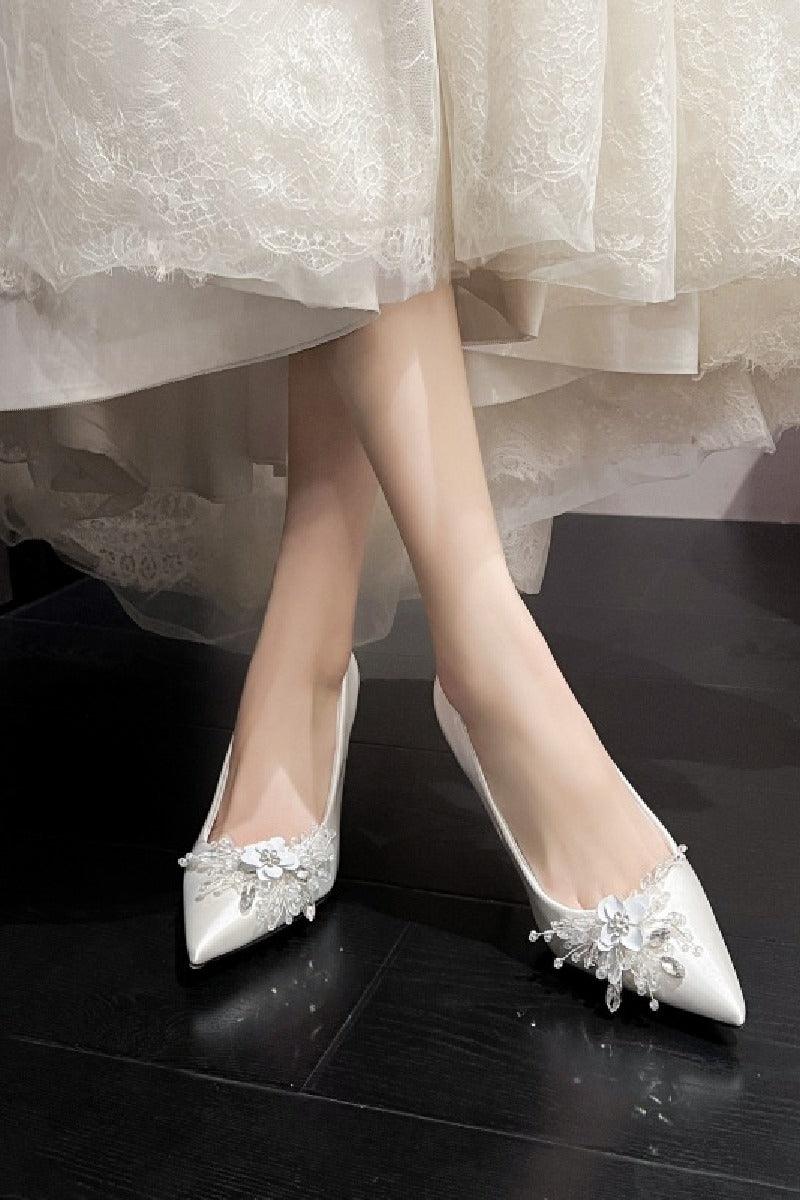 White Satin Crystal Pointy Stiletto Heels 799105157591 - COCOMELODY
