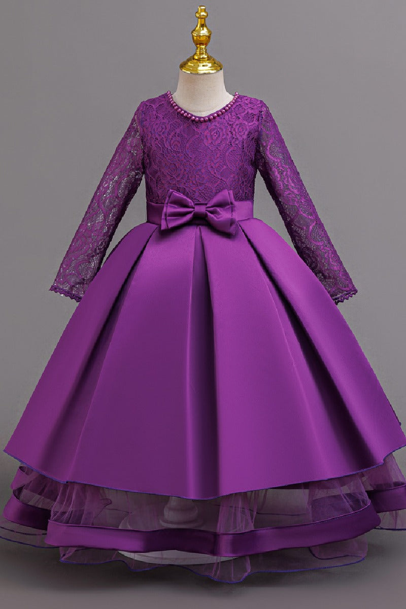 A-Line Pearl Neck Long Sleeve Satin Ankle Length Flower Girl Dresses 1049638009353