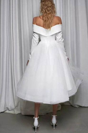 A-Line Tea Length Satin Tulle Little White Dress 100056 - COCOMELODY