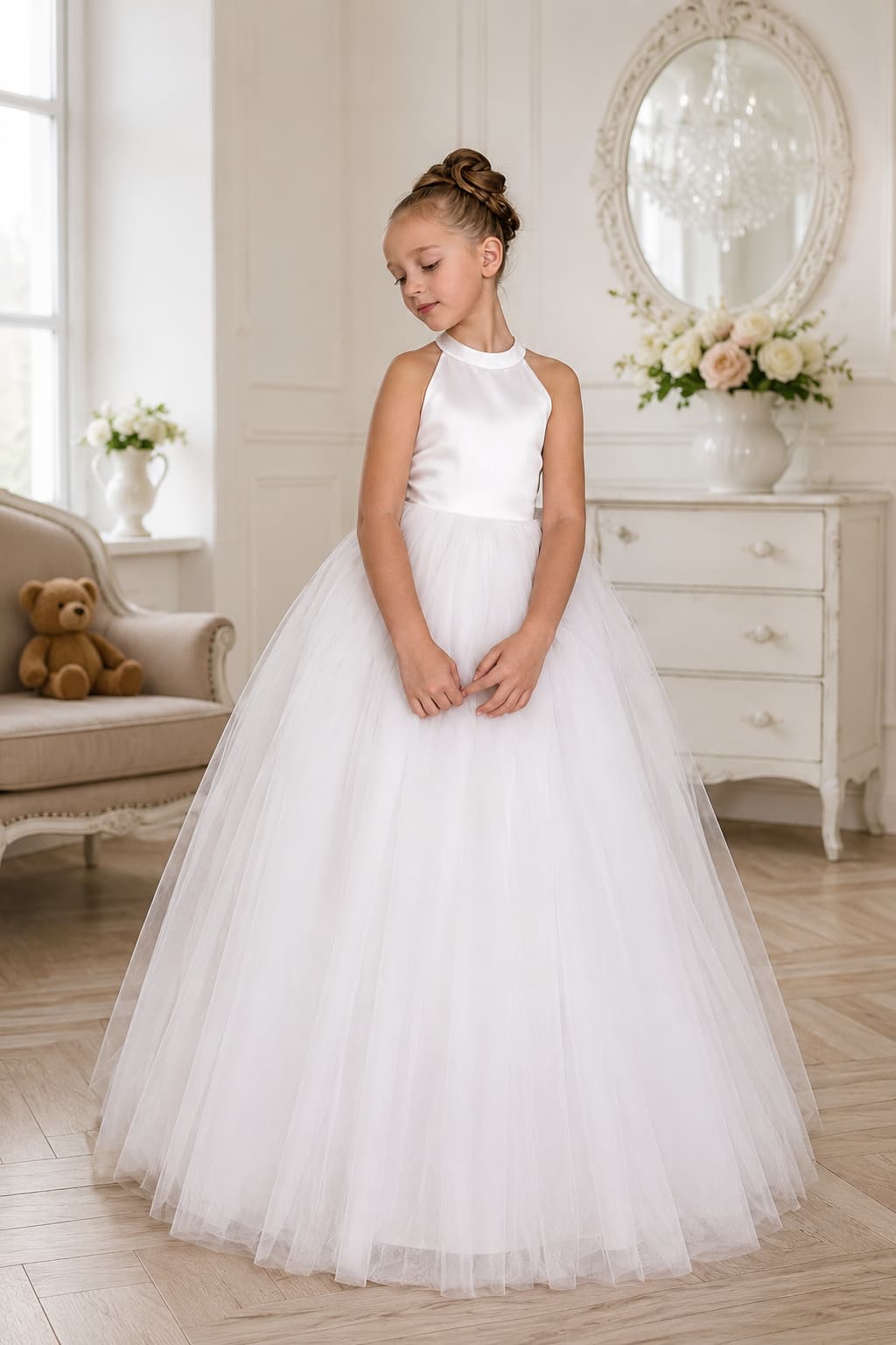 Halter Neck Sleeveless Open Back Bow Tulle Flower Girl Dresses 1061637080106