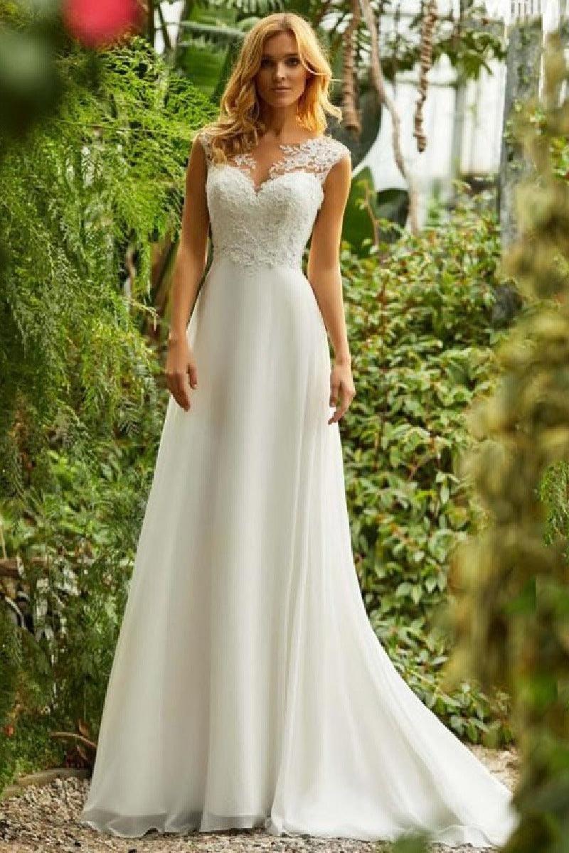 A-Line Sweep-Brush Train Lace Chiffon Wedding Dress 731359582005 - COCOMELODY