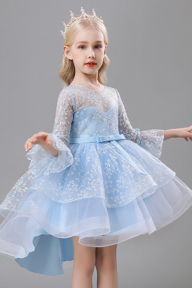 A-Line Scoop Neck Long Sleeve High-Low Tulle Flower Girl Dresses 732392319918 - COCOMELODY
